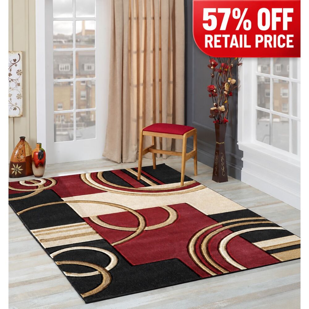 Brand New GLORY RUGS Modern Hand-Carved Area Rug – 4' × 6', Dark Red